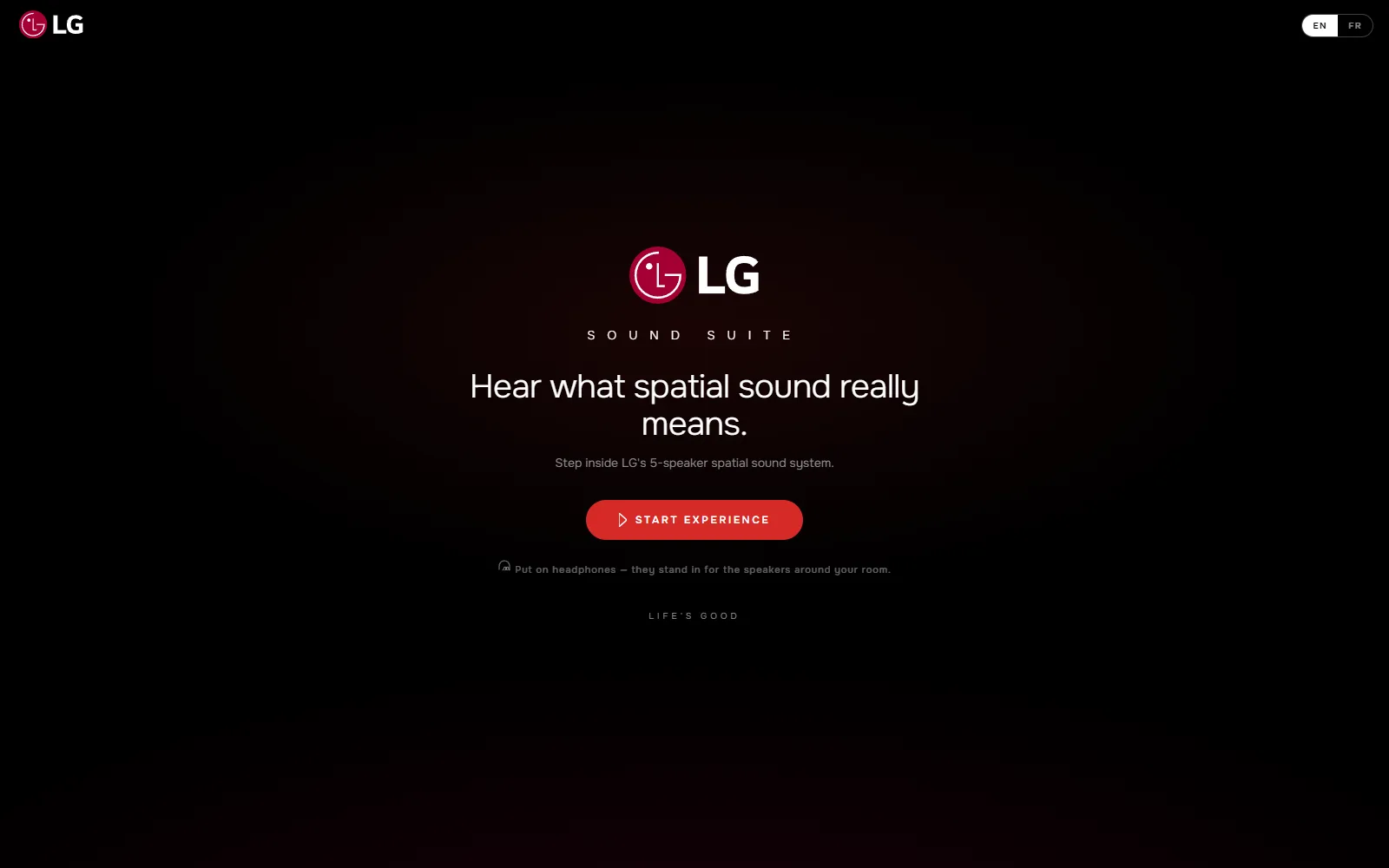 Entry screen of the LG Sound Suite interactive demonstration: 'Hear what spatial sound really means' on a dark stage.